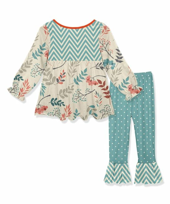 Discount ๐ Deals ๐ Penelope Plumm Teal & Beige Leaves Tunic & Teal Polka Dot Ruffle Pant - Toddler & ๐ง Girls ๐ ๐ฅฐ - Image 2