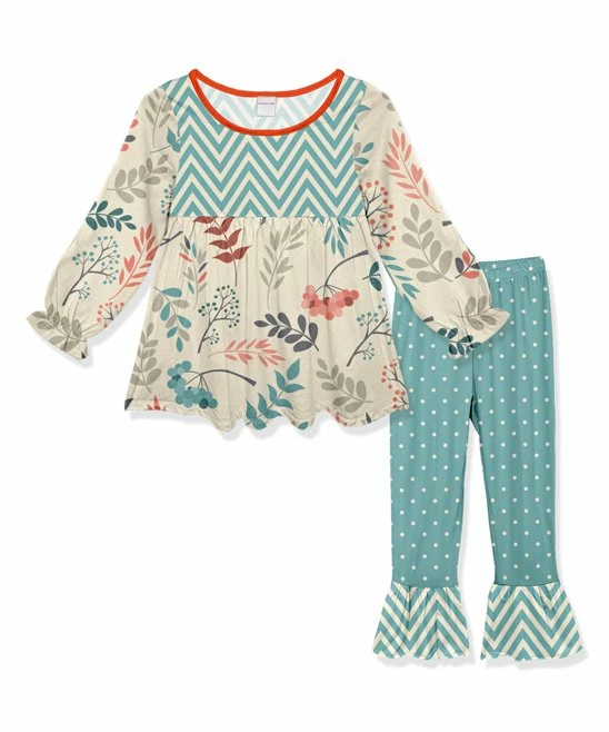 Discount ๐ Deals ๐ Penelope Plumm Teal & Beige Leaves Tunic & Teal Polka Dot Ruffle Pant - Toddler & ๐ง Girls ๐ ๐ฅฐ