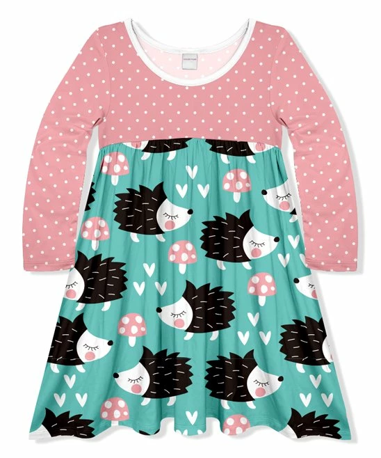 Outlet โญ Budget ๐ Penelope Plumm Pink & Teal Polka Dot Hedgehog Babydoll ๐ ๐ Dress - Toddler & ๐ง Girls ๐ ๐งจ