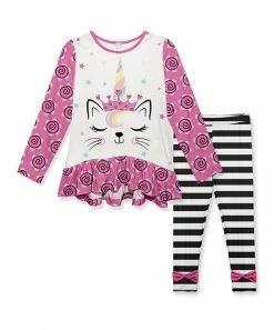 Budget ✔️ Best Pirce 👍 Penelope Plumm Pink Unicorn Ruffle Tunic & Black Stripe Bow Pants - 👧 Girls 🧨 🥰
