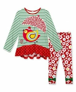 Best Pirce โ Buy ๐ Penelope Plumm Green Stripe Bird & Umbrella Ruffle Tunic & Red Floral Pants - ๐ง Girls ๐ฅ โ