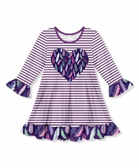 Hot Sale ⭐ Top 10 💯 Penelope Plumm Mauve Stripe Feather Heart Ruffle Shift 👗 👗 Dress - 👧 Girls 👍 🤩