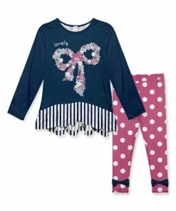 Brand new ⭐ Cheapest 🛒 Penelope Plumm Navy Floral Bow Tunic & Magenta Dot Leggings - Toddler & 👧 Girls 😉 ✔️