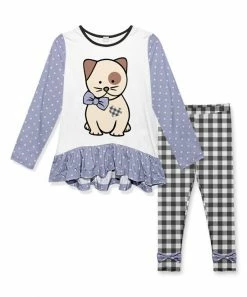 Promo 🎉 Best deal 🎁 Penelope Plumm White & Iris 🐕 🦮 Dog Tunic & Black Plaid Leggings - Toddler 🌟 ❤️