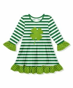 New 🤩 Promo 🎉 Penelope Plumm Green Stripe Shamrocks Ruffle Shift 👗 👗 Dress - Toddler & 👧 Girls ⌛ 🔔