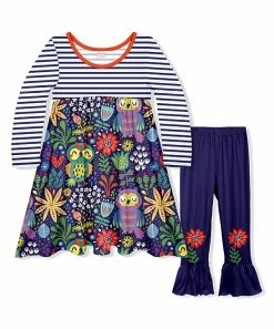 Outlet 🎉 Best Pirce 🧨 Penelope Plumm Violet Stripe & Owl Babydoll 👗 👗 Dress & Navy Floral Ruffle Pants - Toddler & 👧 Girls ✔️ 🎁