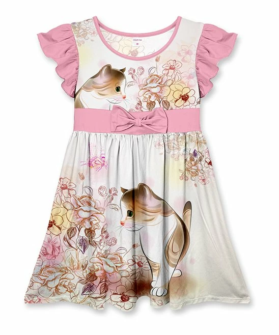 Best Pirce ๐ Promo โ Penelope Plumm White Floral Cat Bow Flutter-Sleeve ๐ ๐ Dress - Toddler & ๐ง Girls โจ ๐คฉ