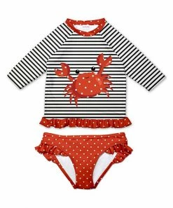 Best Pirce ✨ Buy ⌛ Penelope Plumm Black Stripe Crab Ruffle Rashguard & Red Dot Ruffle Bottoms - Toddler & 👧 Girls ❤️ 🧨