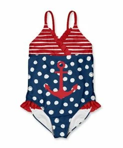 Budget ๐ New ๐ฏ Penelope Plumm Red Stripe & Dark Navy Dots Anchor Ruffle One-Piece - Toddler & ๐ง Girls ๐ ๐