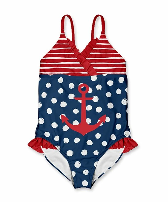 Budget ๐ New ๐ฏ Penelope Plumm Red Stripe & Dark Navy Dots Anchor Ruffle One-Piece - Toddler & ๐ง Girls ๐ ๐
