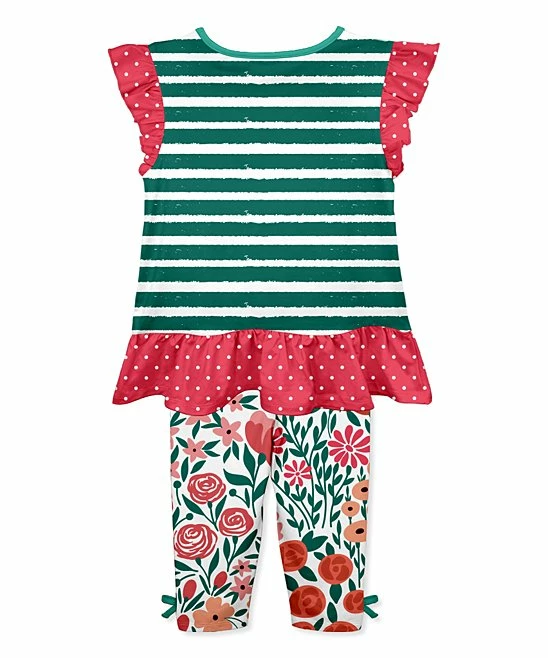Flash Sale โค๏ธ Deals ๐คฉ Penelope Plumm Dark Green Stripe With Flamingo Angel-Sleeve Top & Leggings - Toddler & ๐ง Girls ๐ ๐งจ - Image 2