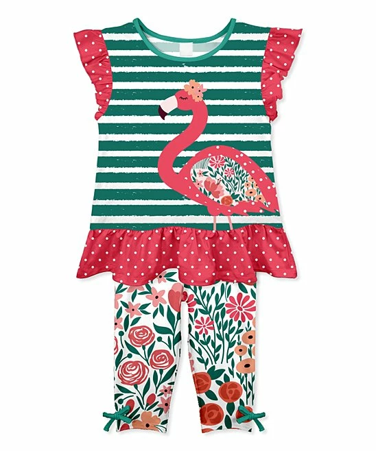 Flash Sale โค๏ธ Deals ๐คฉ Penelope Plumm Dark Green Stripe With Flamingo Angel-Sleeve Top & Leggings - Toddler & ๐ง Girls ๐ ๐งจ