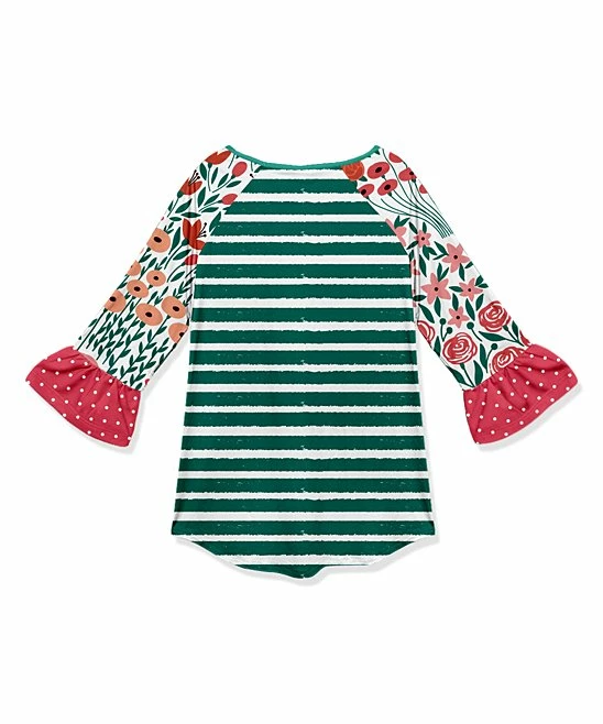 Buy โ๏ธ Outlet ๐ Penelope Plumm Green & Pink Floral Stripe Flamingo Ruffle Raglan Tunic - ๐ง Girls ๐ โค๏ธ - Image 2
