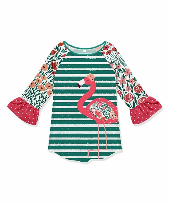 Buy โ๏ธ Outlet ๐ Penelope Plumm Green & Pink Floral Stripe Flamingo Ruffle Raglan Tunic - ๐ง Girls ๐ โค๏ธ