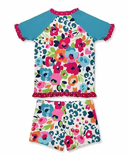 Best deal โ๏ธ Best Pirce โจ Penelope Plumm Turquoise & Pink Floral Ruffle Raglan Rashguard Set - Toddler & ๐ง Girls ๐ฏ โค๏ธ - Image 2