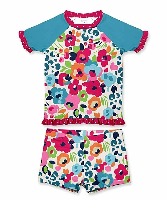 Best deal โ๏ธ Best Pirce โจ Penelope Plumm Turquoise & Pink Floral Ruffle Raglan Rashguard Set - Toddler & ๐ง Girls ๐ฏ โค๏ธ