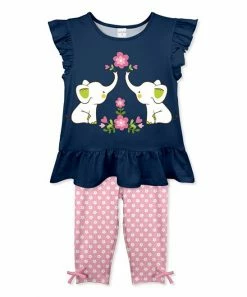 Buy ✨ Brand new 🧨 Penelope Plumm Dark Navy Elephants Flutter-Sleeve Top & Pink Floral Bow Leggings - Toddler & 👧 Girls 😍 🌟