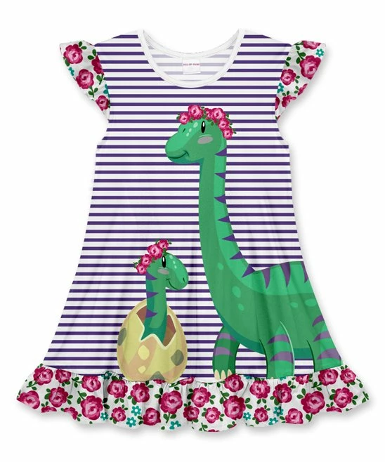 Flash Sale 😀 New 😉 Penelope Plumm Violet Stripe Dinosaurs Ruffle Angel-Sleeve 👗 👗 Dress - Toddler & 👧 Girls 🥰 🎉