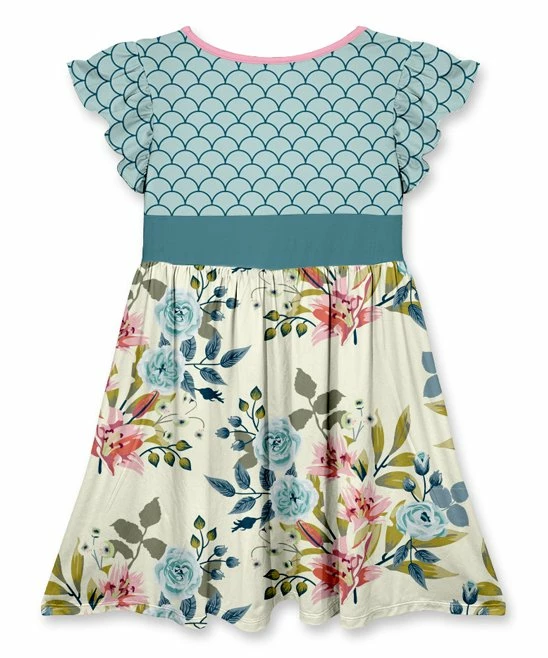Outlet 🤩 Best deal 😉 Penelope Plumm Teal & Ecru Floral Scales Bow Ruffle Cap-Sleeve 👗 👗 Dress - Toddler & 👧 Girls 🔔 👍 - Image 2