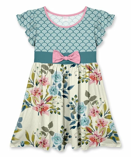 Outlet 🤩 Best deal 😉 Penelope Plumm Teal & Ecru Floral Scales Bow Ruffle Cap-Sleeve 👗 👗 Dress - Toddler & 👧 Girls 🔔 👍
