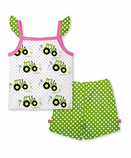 Best Sale โ Discount ๐ Penelope Plumm White Dot Tractors Tank & Lime Green Dot Short Set - ๐ง Girls ๐ ๐ - Image 2