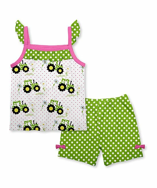 Best Sale โ Discount ๐ Penelope Plumm White Dot Tractors Tank & Lime Green Dot Short Set - ๐ง Girls ๐ ๐