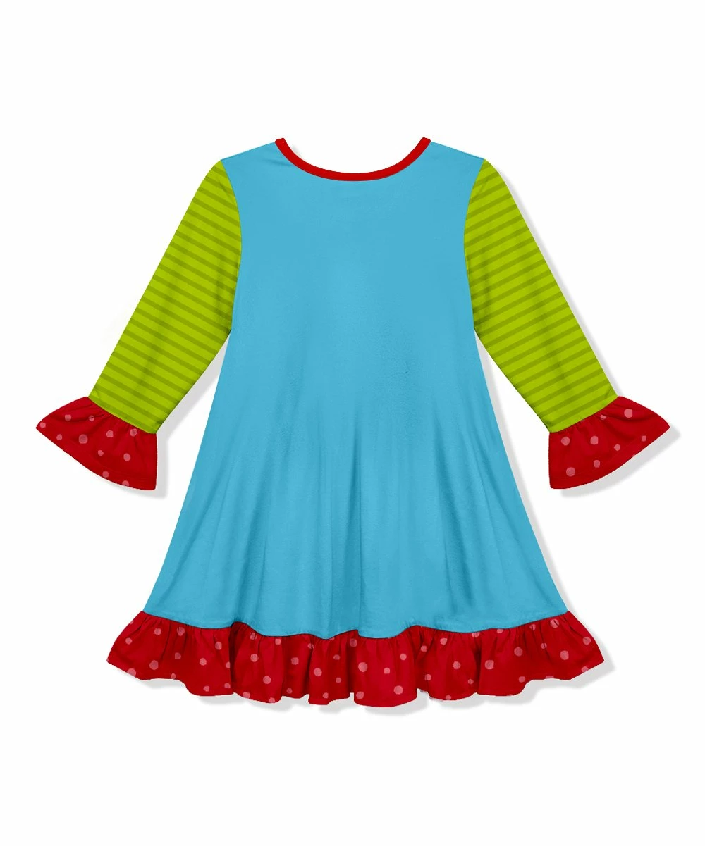 Best Pirce โ Discount โ Penelope Plumm Deep Sky Blue Worm In Apple Ruffle-Trim Long-Sleeve ๐ ๐ Dress - Toddler ๐ฏ ๐ - Image 2