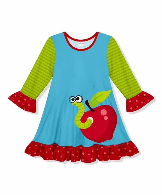 Best Pirce โ Discount โ Penelope Plumm Deep Sky Blue Worm In Apple Ruffle-Trim Long-Sleeve ๐ ๐ Dress - Toddler ๐ฏ ๐
