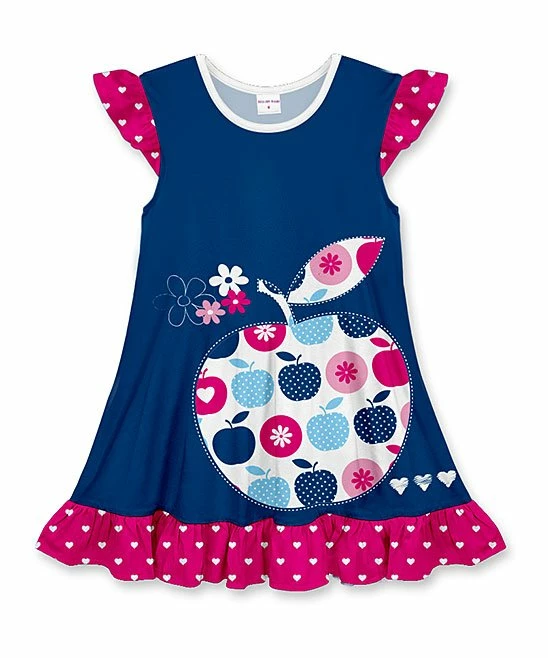 Discount 🥰 Deals 😀 Penelope Plumm Dark Navy Apple Ruffle-Hem Angel-Sleeve 👗 👗 Dress - 👧 Girls 🛒 ⭐