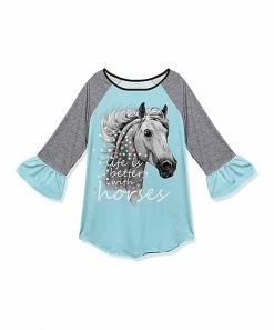 Buy ๐ฅ Flash Sale ๐ Penelope Plumm Gray Heather & Sky Blue 'Better With Horses' Ruffle Raglan Tunic - Toddler & ๐ง Girls ๐ ๐ฅฐ
