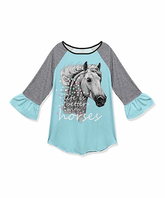 Buy ๐ฅ Flash Sale ๐ Penelope Plumm Gray Heather & Sky Blue 'Better With Horses' Ruffle Raglan Tunic - Toddler & ๐ง Girls ๐ ๐ฅฐ