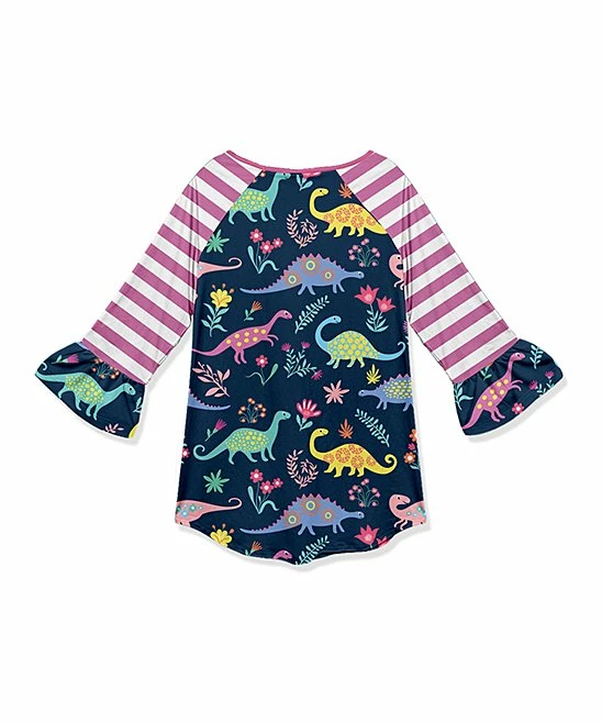 New ๐คฉ Flash Sale โ๏ธ Penelope Plumm Red & Dark Navy Stripe Dinosaur Ruffle Raglan Tunic - ๐ง Girls ๐ฅ ๐ - Image 2