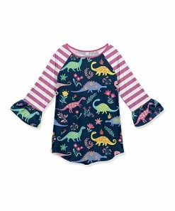 New 🤩 Flash Sale ✔️ Penelope Plumm Red & Dark Navy Stripe Dinosaur Ruffle Raglan Tunic - 👧 Girls 🔥 👏