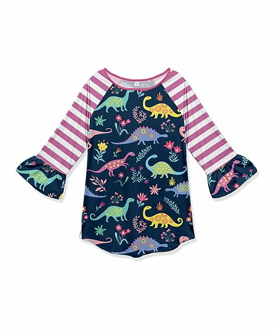 New ๐คฉ Flash Sale โ๏ธ Penelope Plumm Red & Dark Navy Stripe Dinosaur Ruffle Raglan Tunic - ๐ง Girls ๐ฅ ๐