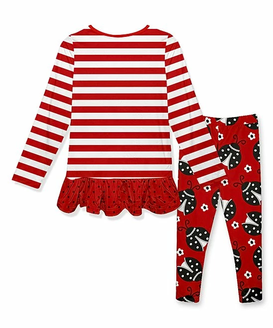 Promo 😀 Cheapest 👍 Penelope Plumm Red & White Ladybug Stripe Ruffle-Hem Tunic & Bow Leggings ⭐ 🤩 - Image 2