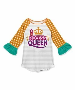 Best Pirce ✔️ Cheap 👍 Penelope Plumm Light Gray & Mustard Stripe 'Recess Queen' Ruffle-Sleeve Raglan Tee - 👧 Girls 🛒 ⭐
