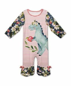 Budget โ๏ธ Promo ๐ Penelope Plumm Navy & Salmon Floral Stripe Dinosaur Ruffle Playsuit - Infant โ โค๏ธ