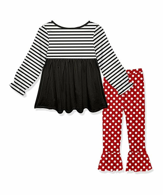 Buy ๐คฉ Deals ๐ Penelope Plumm Black Stripe Apple Bishop-Sleeve Tunic & Ruffle Leggings - ๐ง Girls ๐คฉ ๐ - Image 2
