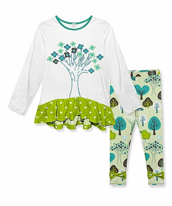 Hot Sale ๐ Buy ๐ฏ Penelope Plumm White Tree Ruffle Tunic & Light Green Trees Leggings - Toddler & ๐ง Girls โ๏ธ ๐