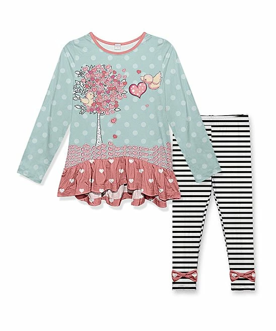 New ๐ Flash Sale ๐ Penelope Plumm Light Teal Tree Ruffle Tunic & Black Stripe Bow Leggings - Toddler & ๐ง Girls ๐ ๐