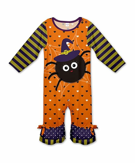 Best deal ๐ Wholesale ๐ฅ Penelope Plumm Olive Stripe & Orange Heart Spider Ruffle Playsuit - Infant ๐งจ ๐
