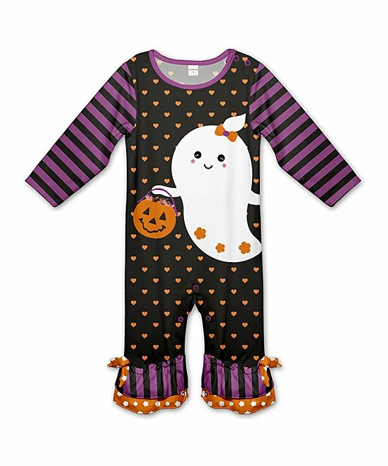Best deal 👍 Discount 🤩 Penelope Plumm Purple Stripe & Black Heart Ghost Ruffle Playsuit - Infant 🌟 🌟