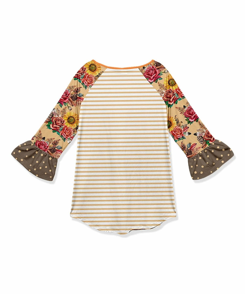 Best Pirce ๐ Promo ๐ Penelope Plumm Beige & Light Salmon Stripe Floral Pumpkin Ruffle Raglan Tunic - Toddler & ๐ง Girls โ๏ธ โจ - Image 2
