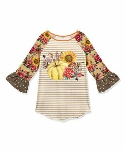 Best Pirce 🌟 Promo 🎉 Penelope Plumm Beige & Light Salmon Stripe Floral Pumpkin Ruffle Raglan Tunic - Toddler & 👧 Girls ✔️ ✨