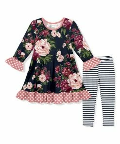 Top 10 👏 Coupon 🔥 Penelope Plumm Dark Navy Floral Ruffle-Trim Shift 👗 👗 Dress & Black Stripe Leggings - Toddler & 👧 Girls ✔️ 💯