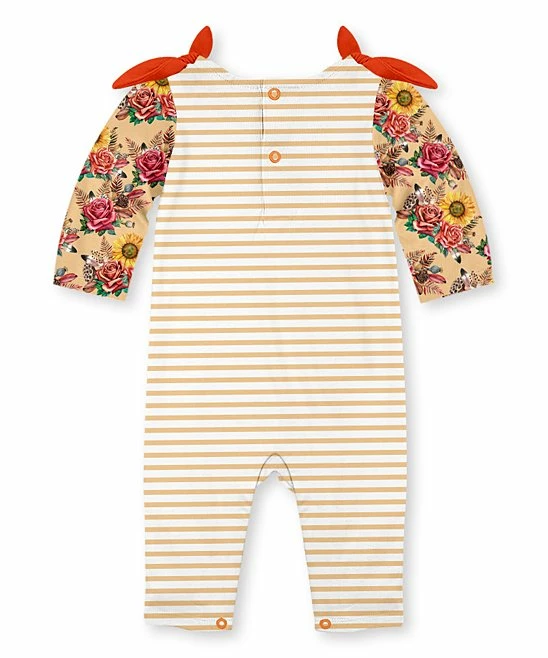 Budget ๐งจ Cheapest ๐ Penelope Plumm Gold & Light Yellow Stripe Floral Pumpkin Knot-Accent Playsuit - Infant โญ ๐ - Image 2
