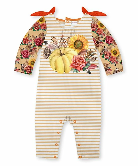 Budget ๐งจ Cheapest ๐ Penelope Plumm Gold & Light Yellow Stripe Floral Pumpkin Knot-Accent Playsuit - Infant โญ ๐