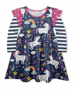 Best Sale ✔️ Best Pirce ⭐ Penelope Plumm Aegean Stripe Rainbow Unicorns Angel-Sleeve 👗 👗 Dress - 👧 Girls 🎉 😀