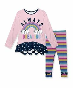Budget ๐ Deals ๐ Penelope Plumm Light Pink 'Dreaming' Rainbow Ruffle Tunic & Pink Stripe Bow Leggings - Toddler ๐ โ๏ธ