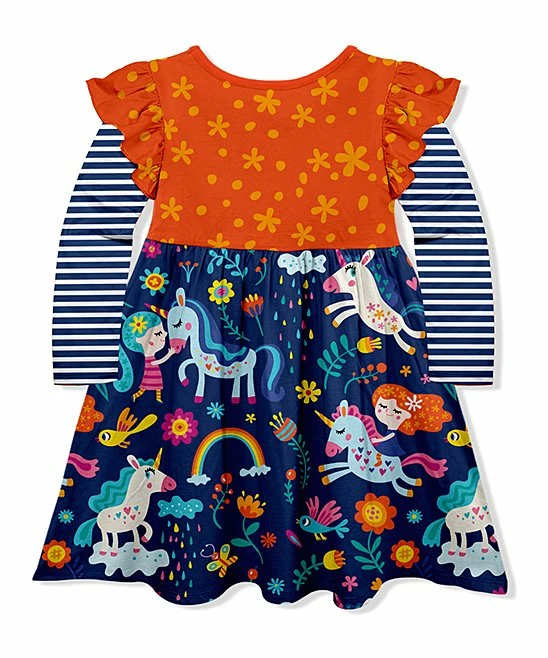 Hot Sale ๐ Coupon ๐ฏ Penelope Plumm Dark Orange & Dark Navy Floral Unicorn Angel-Sleeve ๐ ๐ Dress - Toddler & ๐ง Girls โค๏ธ ๐ - Image 2